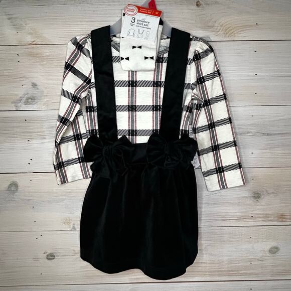 3/$12 2T Black Velvet Overall Dress with matching Long Sleeve Shirt and Tights - Picture 1 of 6